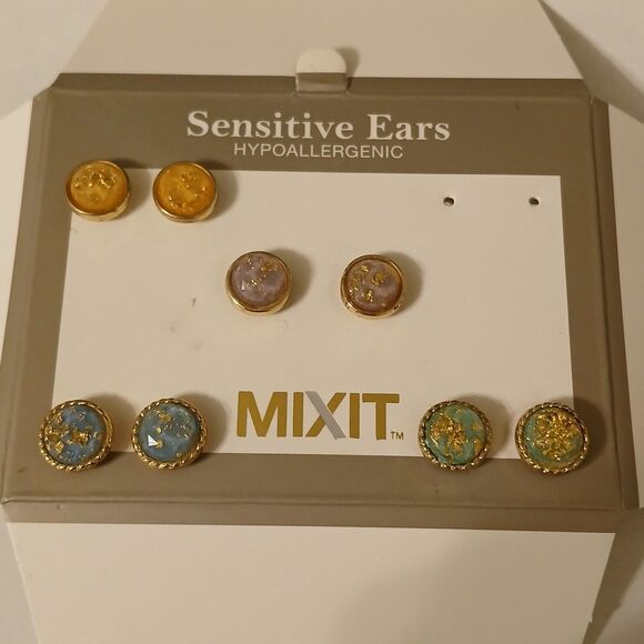 4 Pairs of MixIt Multicolored Gold Tone Earrings - Orange, Purple, Blue, Green - Picture 1 of 8